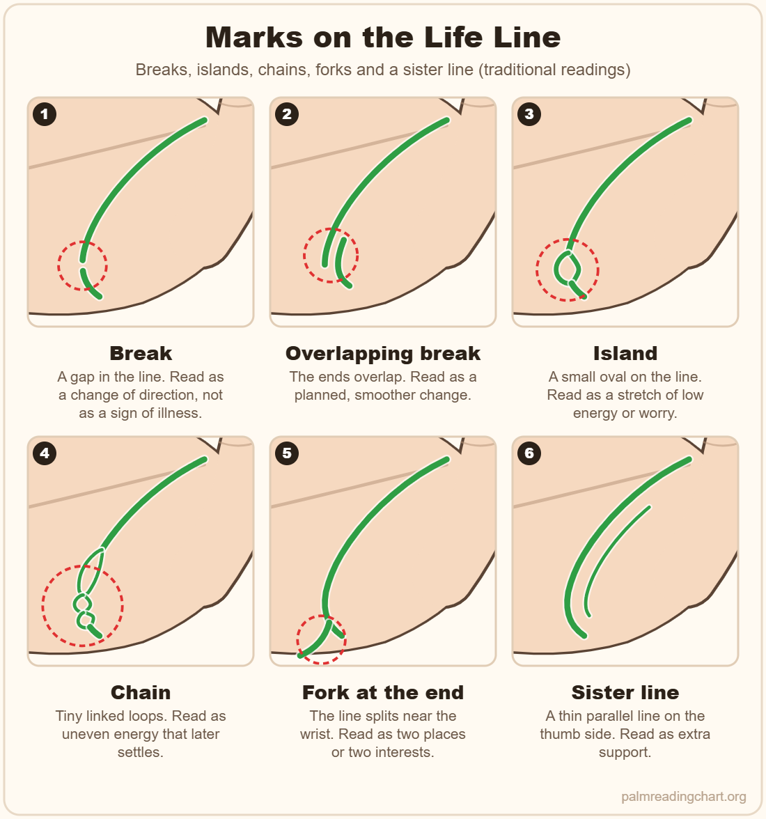 Six close-up diagrams of marks on the life line: break, overlapping break, island, chain, fork at the end and sister line