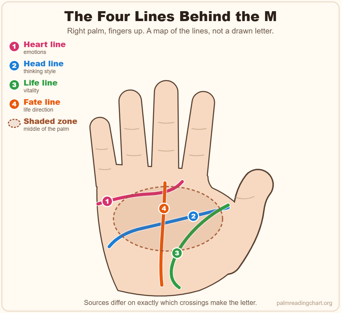 Right palm diagram with the heart, head, life and fate lines numbered and the middle of the palm shaded where the M is looked for
